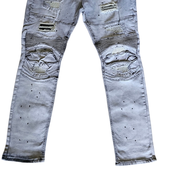 Men’s Slim Taper Fit Biker Style Distressed Denim Jeans - Picture 2 of 11